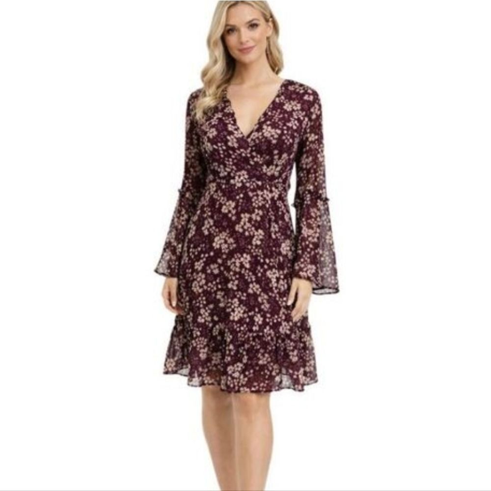 Versona Burgundy Floral Ruffle Tiered Midi Dress Size 6